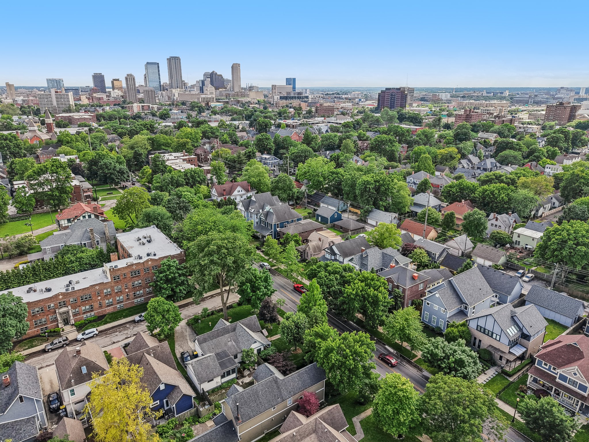 Aerial photo of Indianapolis skyline in the distance
