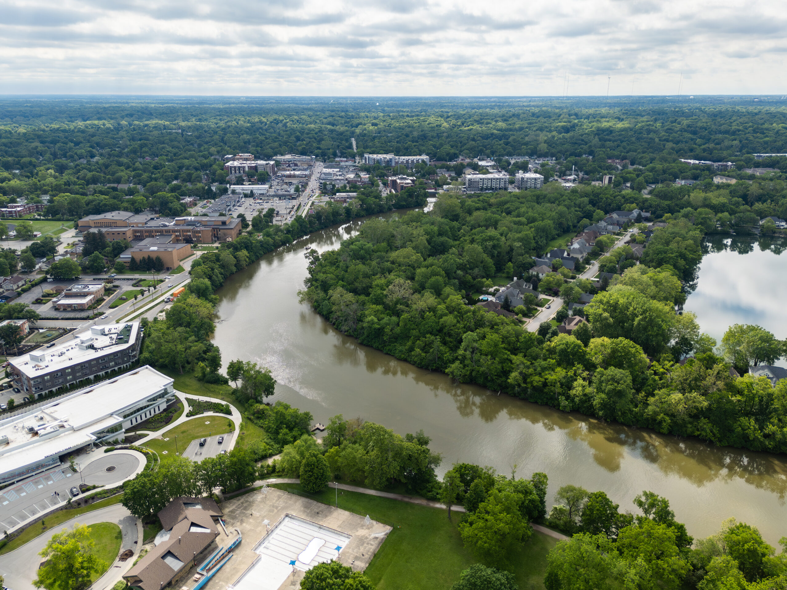 Aerial picture of the White River in Broad Ripple in Indianapolis, Indiana