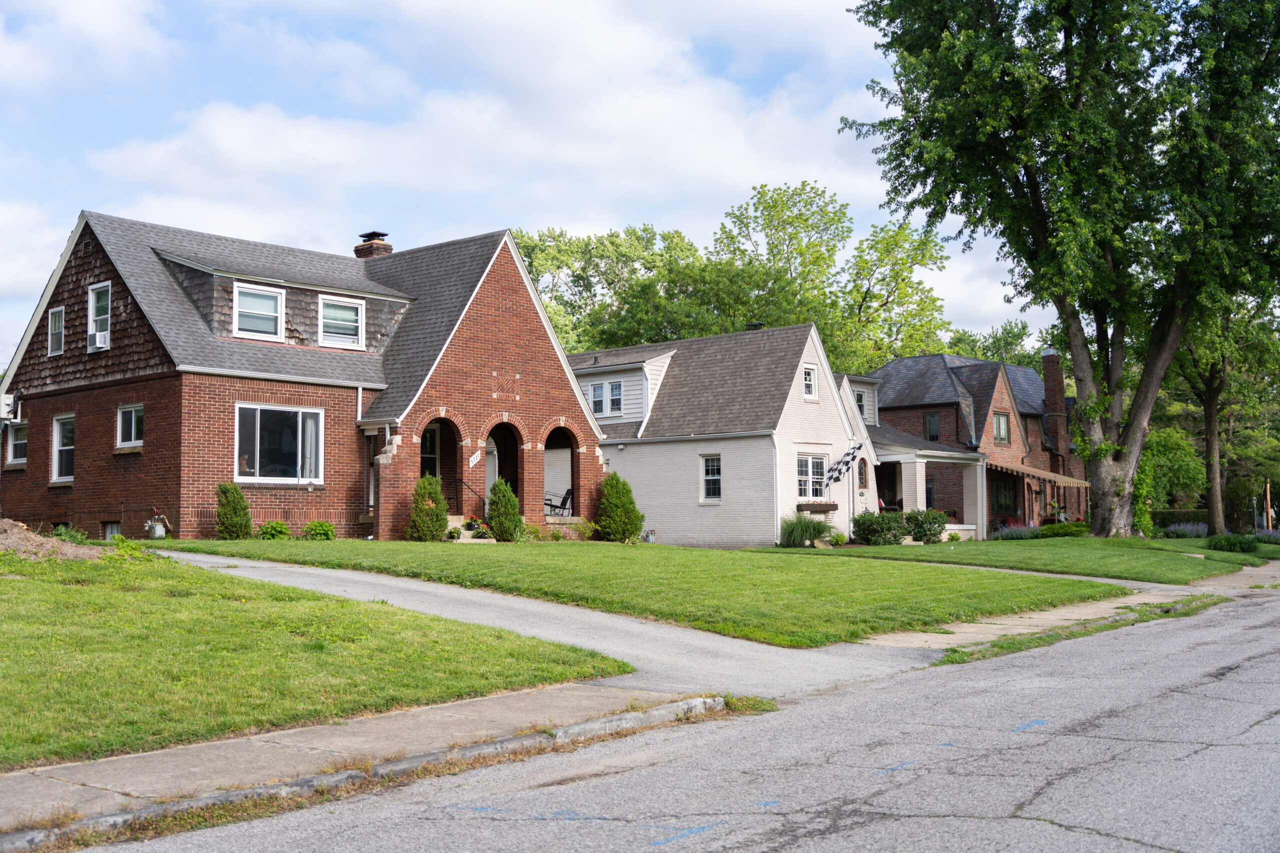 Street-side view of a few homes exterior in Broad Ripple in Indianapolis, Indiana