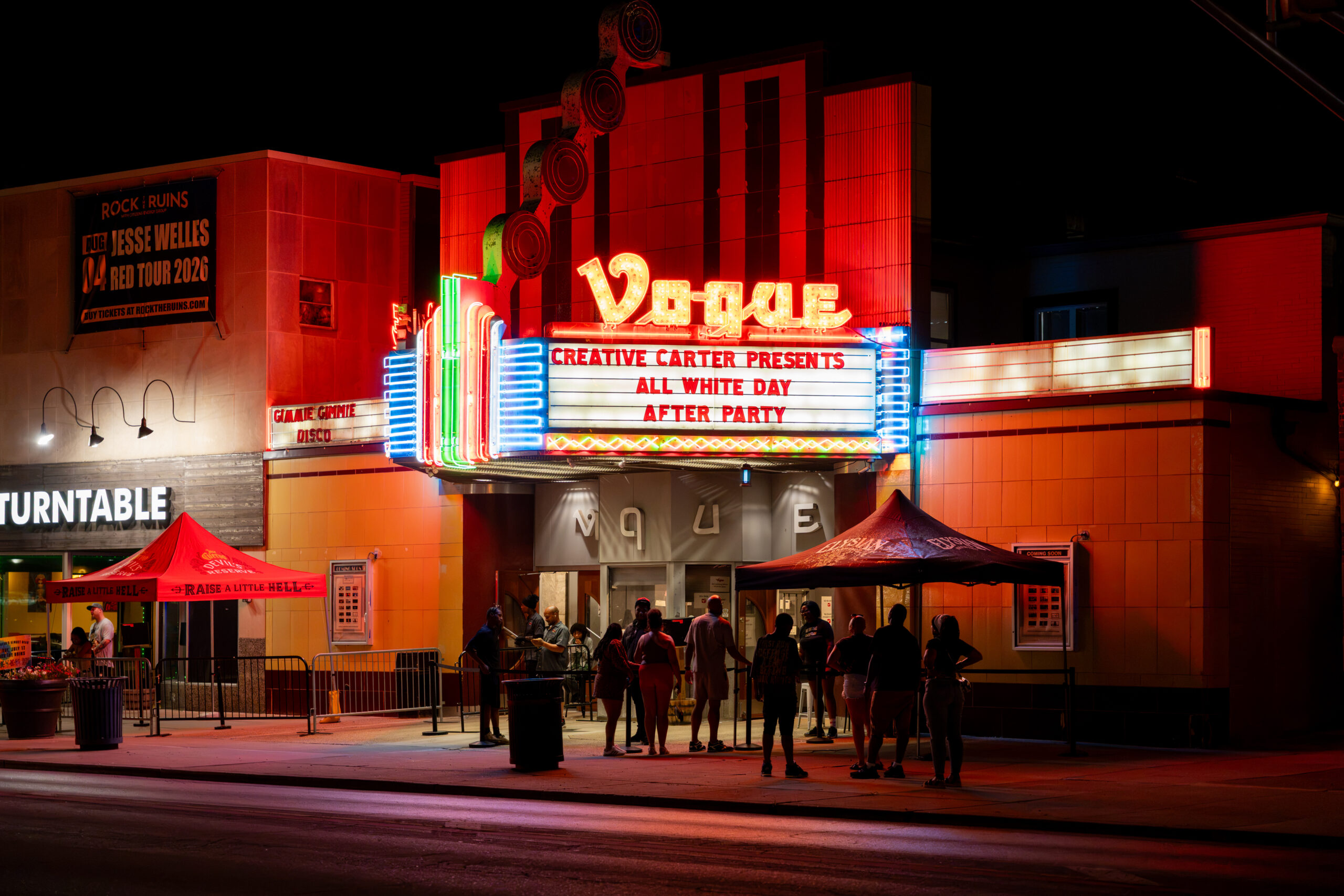 Picture of the Vogue sign in Broad Ripple at night
