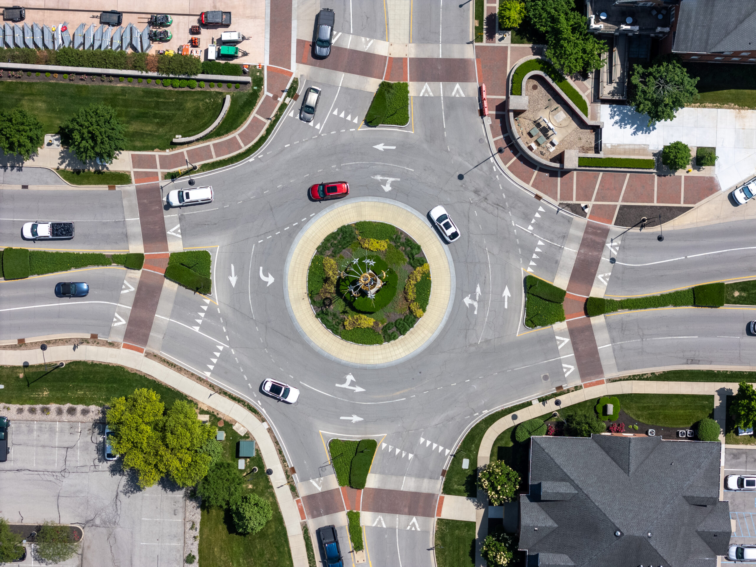 Aerial picture of a roundabout in Carmel, Indiana