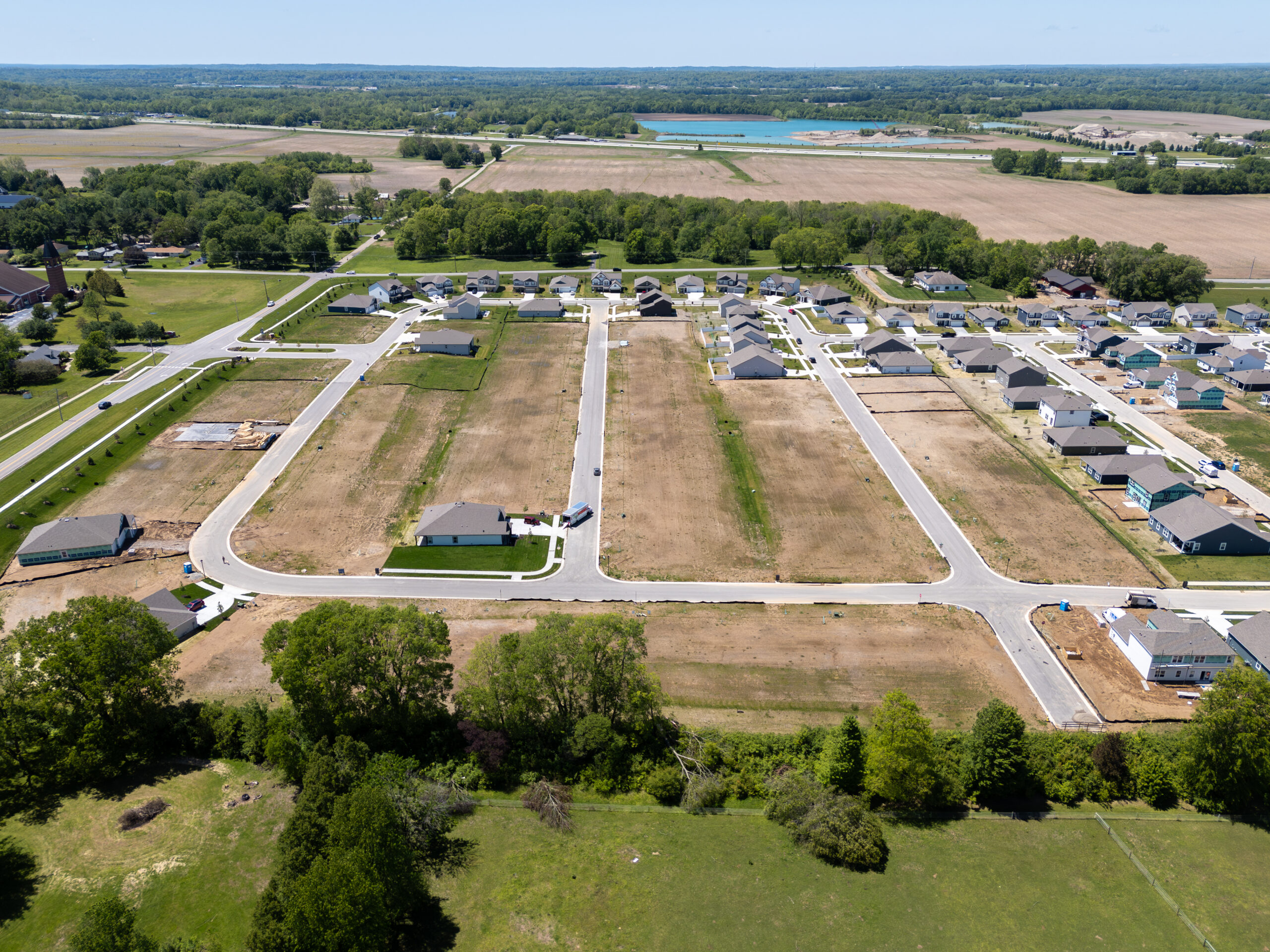 Aerial picture of a partially finished new construction community in Greenwood, Indiana