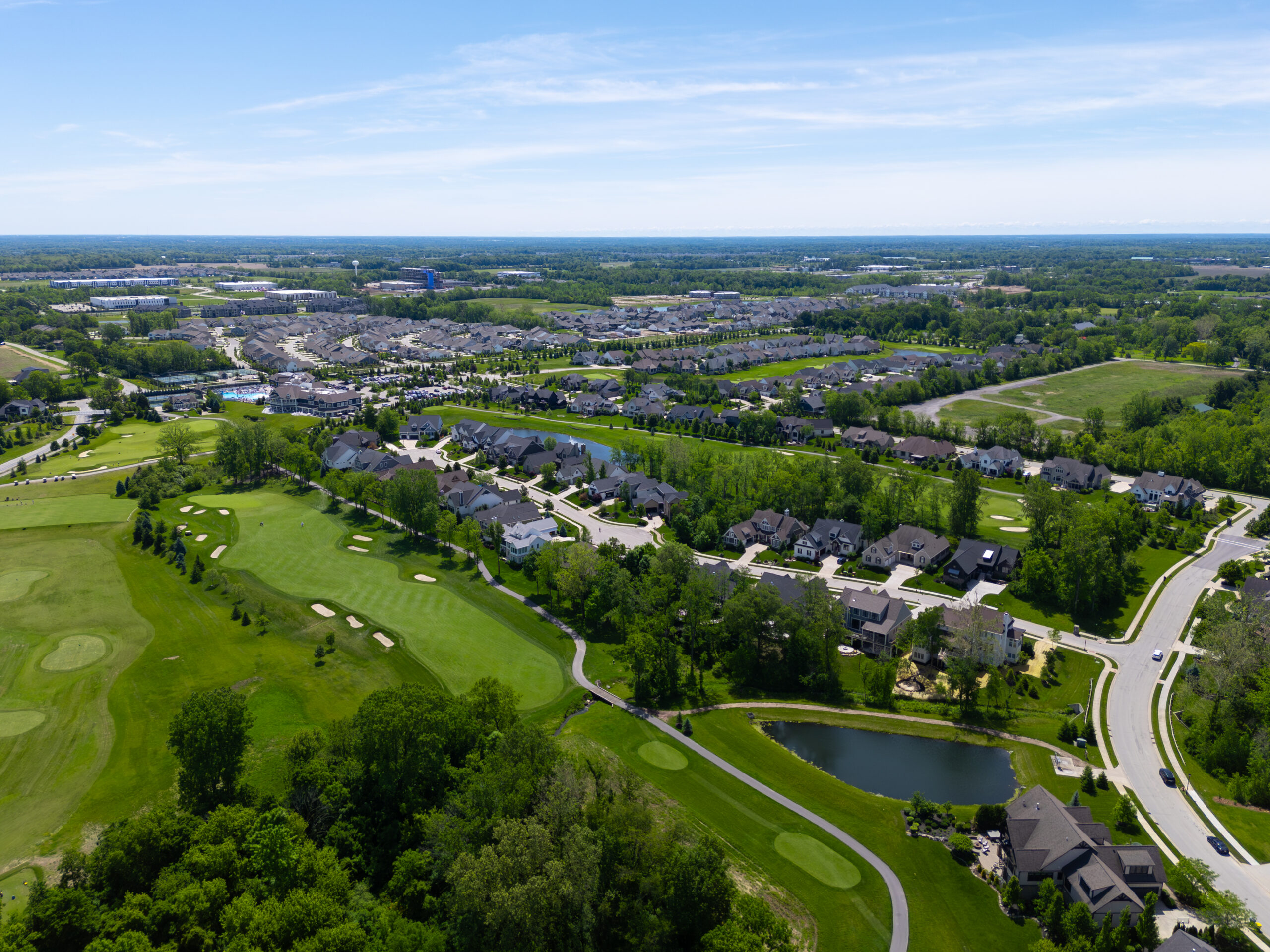 Aerial view of golf course and homes in Westfield, Indiana